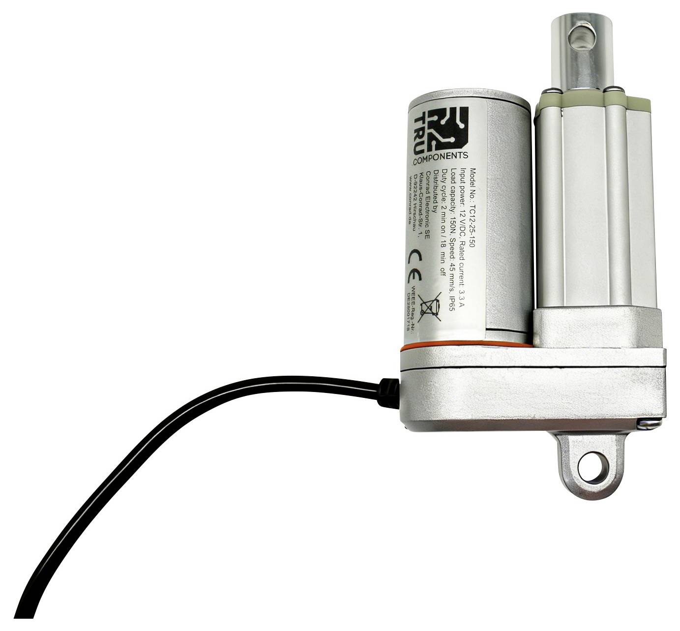 Kovový elektrický lineárny pohonný prvok s pripevneným čiernym káblom, zobrazený na bielom pozadí.