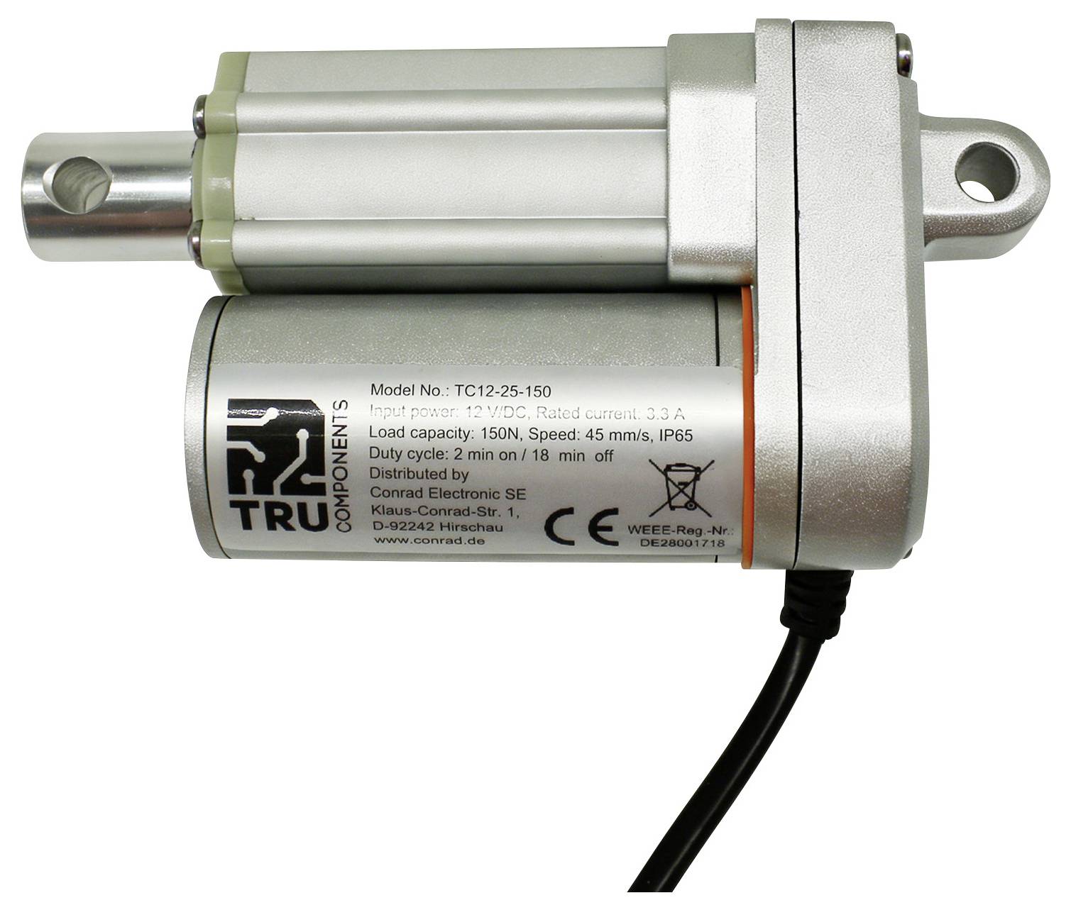 Strieborný elektrický lineárny aktuátor s montážnymi očami a pripojeným kablom, označený modelom Tru Components TC12-25-150.