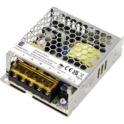 Kovový napájací zdroj s čiernym a žltým štítkom, konektormi a vetracou mriežkou. Produktové označenia sú viditeľné.