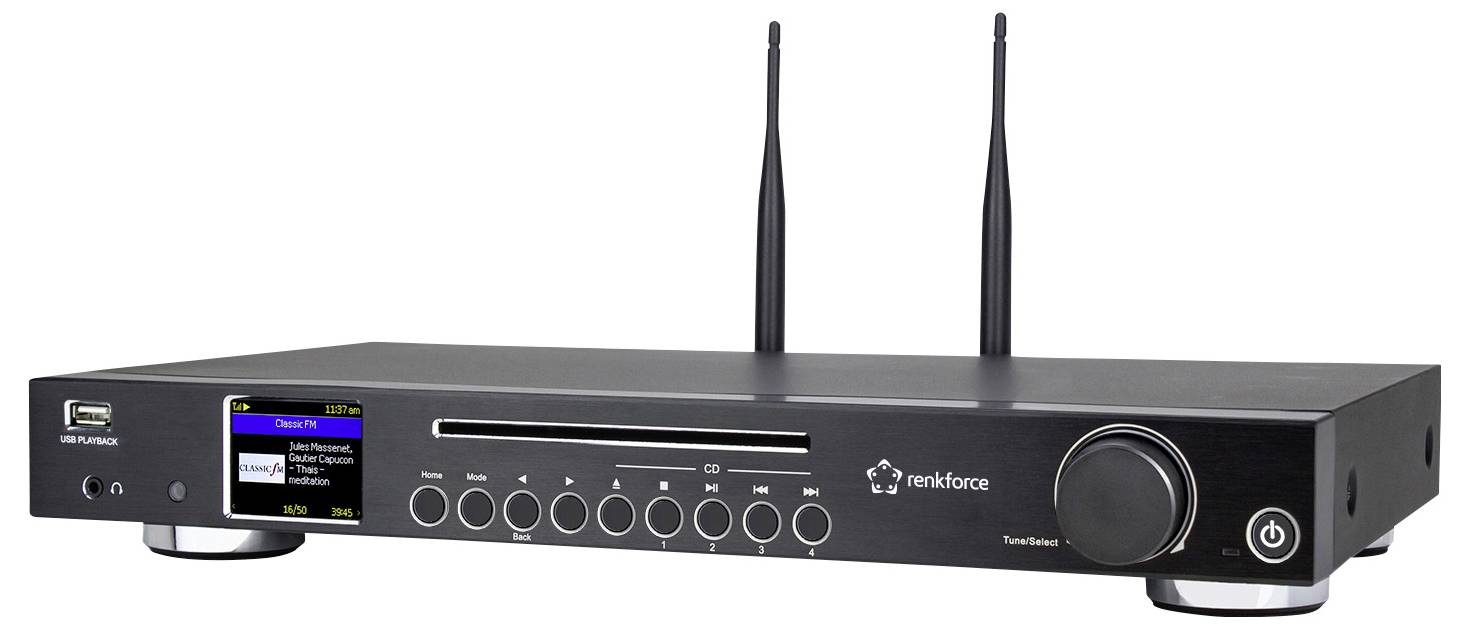 Elegantný, moderný čierny stereo prijímač s dvoma anténami, viacerými ovládacími tlačidlami a digitálnym displejom zobrazujúcim informácie o zvukovej stope.