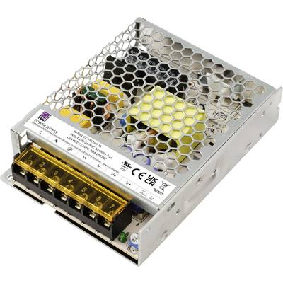 Kovový spínaný napájací zdroj s mriežkovaným krytom, viacerými konektormi a vetracími otvormi. Vhodný pre elektronické zariadenia alebo systémy.