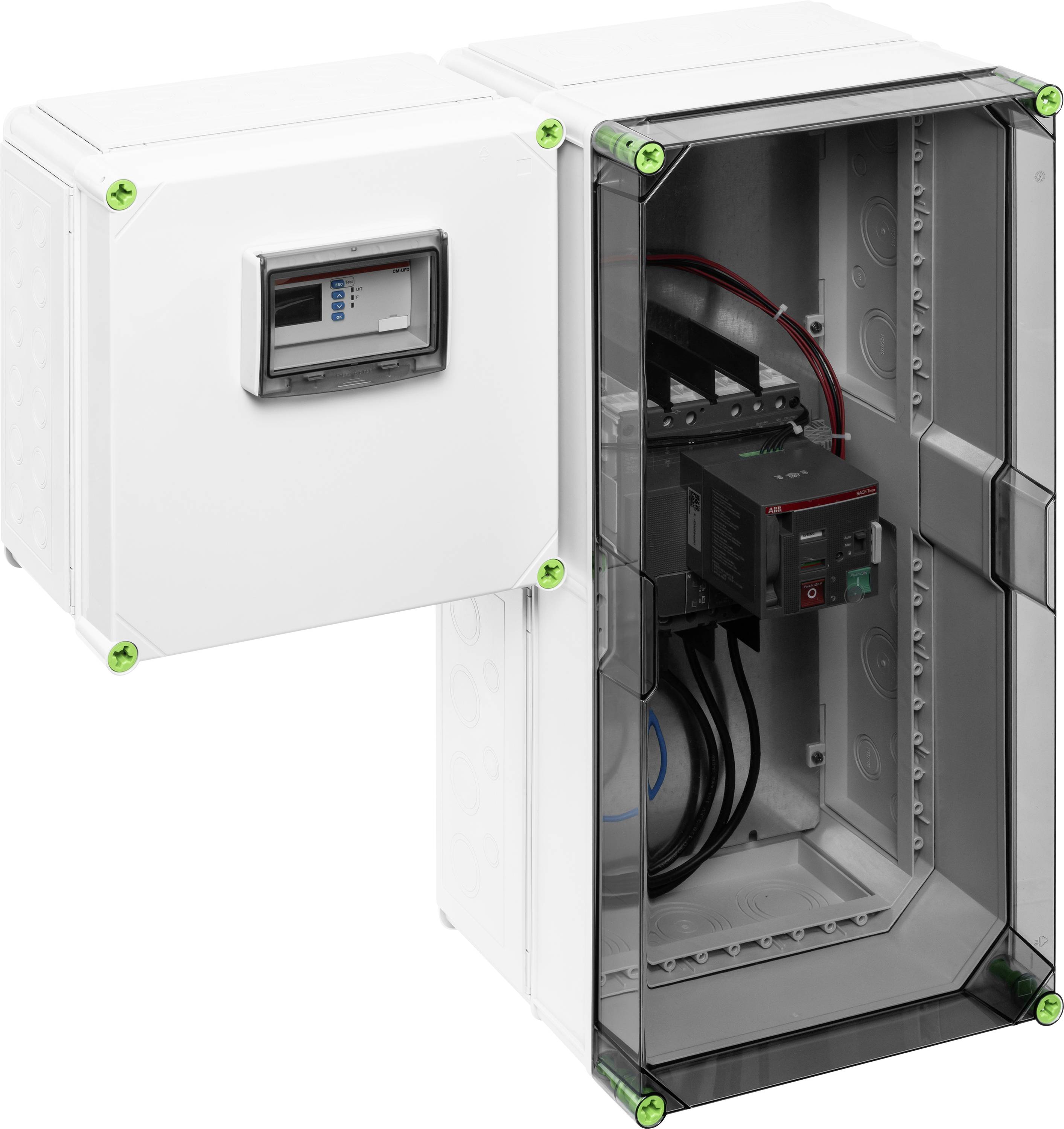 Biely elektrický rozvádzač s priehľadným krytom odhaľuje vo vnútri viaceré káble a elektronické komponenty.