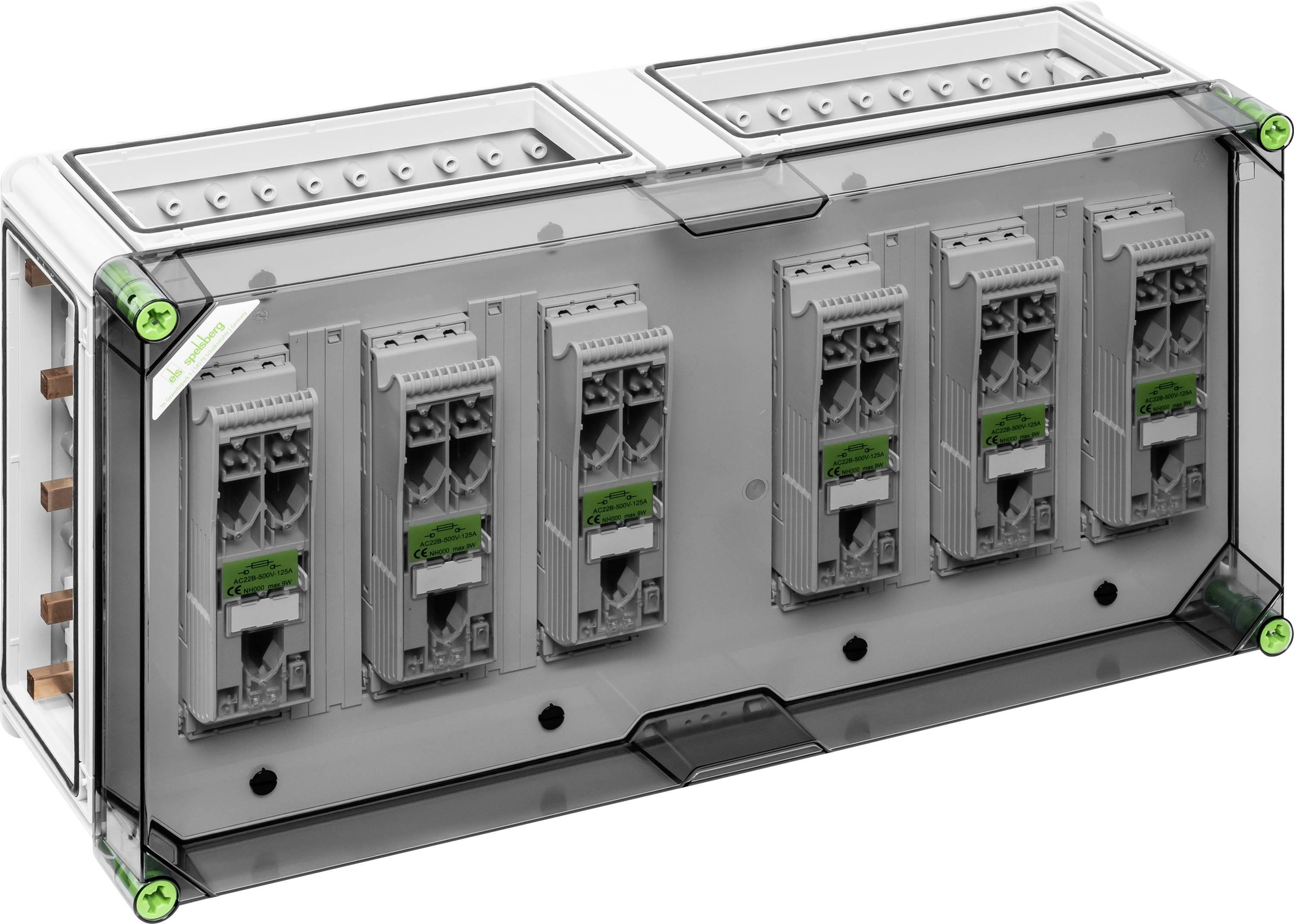 Priehľadný plastový kryt elektrických komponentov so zelenými uzávermi, zobrazujúci vnútorné spínacie moduly.