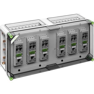 Priehľadný plastový kryt elektrických komponentov so zelenými uzávermi, zobrazujúci vnútorné spínacie moduly.