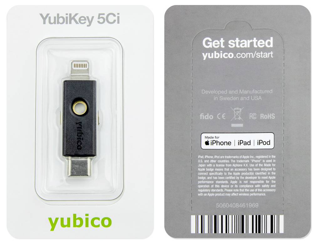 YubiKey 5Ci od Yubico pre iPhone a iPad. Balenie má vpredu obrázok konektorov USB-C a Lightning, vzadu poznámky.