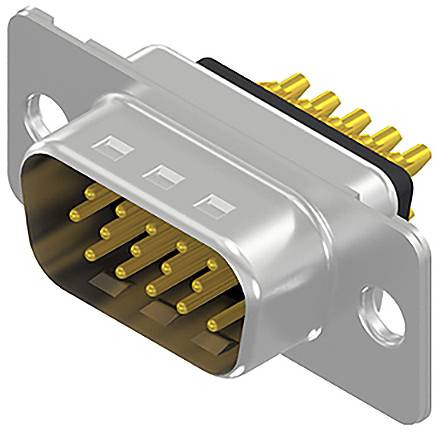 Kovový elektronický konektor s viacerými zlatými kolíkmi, vhodný pre dátové pripojenia. Disponuje upevňovacími otvormi.