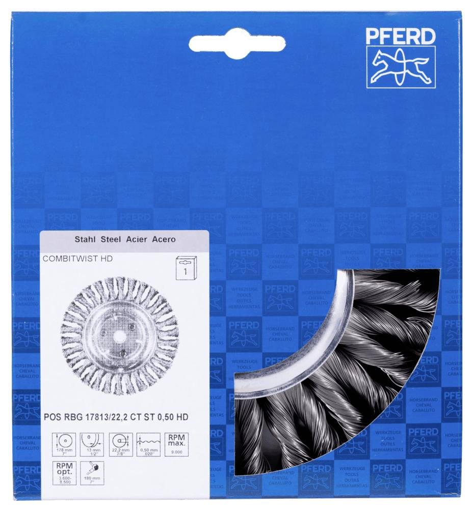 Obal oceľovej kefy od značky Pferd s obrázkom kefy na modrom pozadí. Text: 'Oceľ Steel Acier Acero, COMBITWIST HD'.