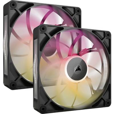 Dva čierne počítačové ventilátory s farebným RGB podsvietením, ktoré svietia ružovo a žlto, na bielom pozadí.
