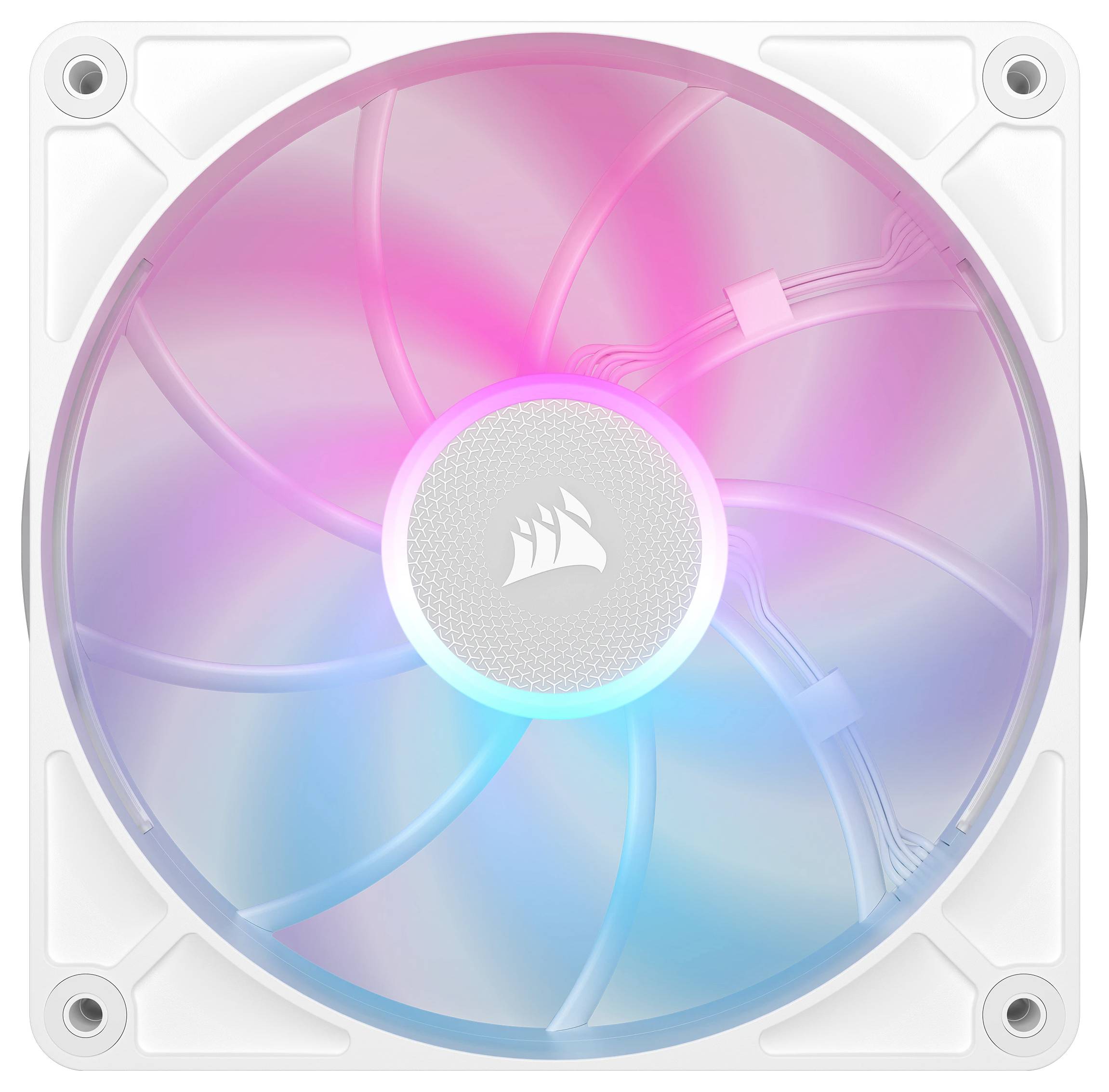 Biely počítačový ventilátor s LED podsvietením a farebným RGB svetelným efektom. Ventilátor má centrálne, okrúhle firemné logo.