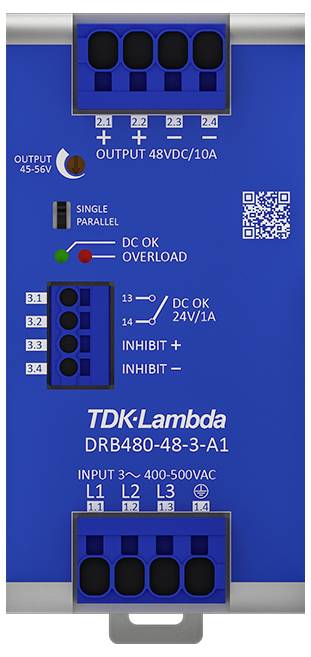 Modré sieťové napájací zdroj s rôznymi možnosťami pripojenia a indikátormi stavu. Popis: 'TDK-Lambda DRB480-48-3-A1'.