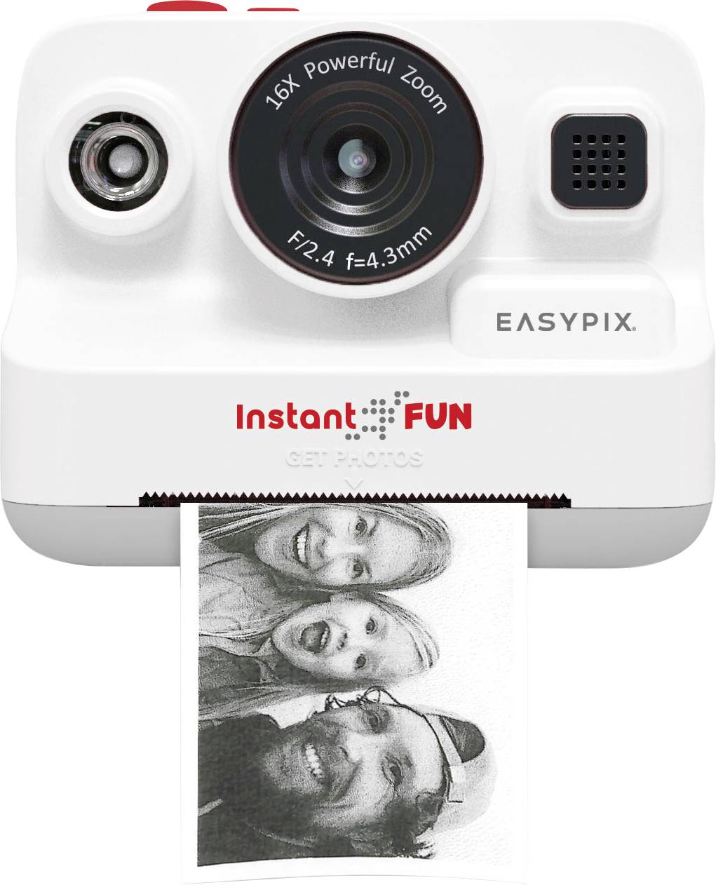 Biely instantný fotoaparát s nápisom 'Instant FUN'. Na fotografii je vytlačený čiernobiely záber troch smiejúcich sa ľudí.
