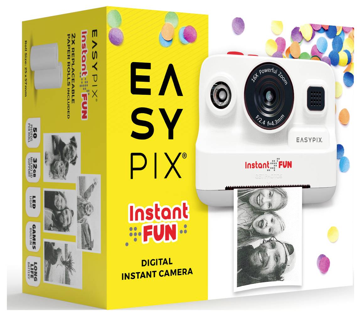 Digitálny fotoaparát "EASYPIX Instant FUN" s funkciou okamžitej tlače fotografií, na žltom obale s ukážkovými čiernobielymi portrétmi.