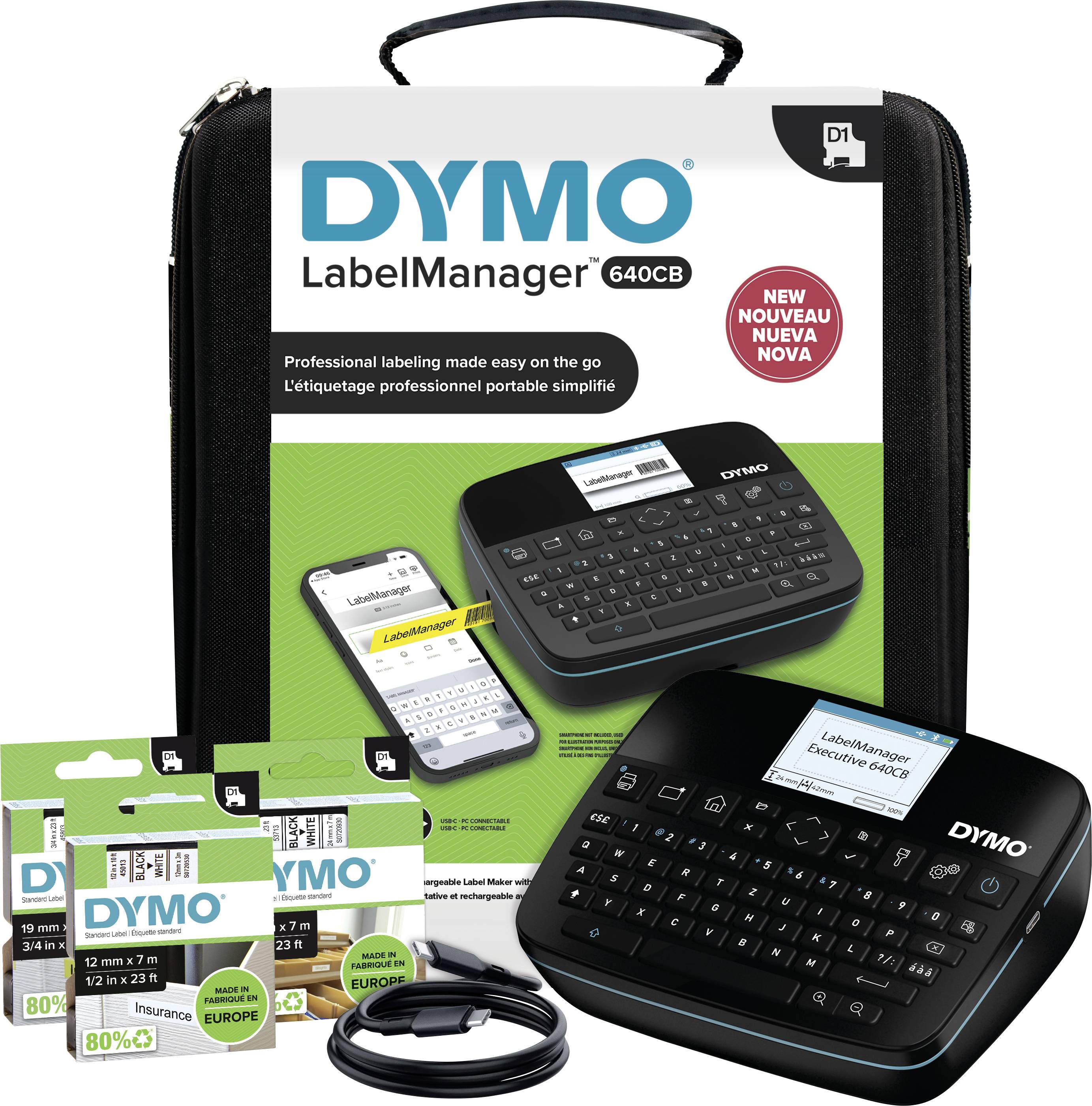 DYMO LabelManager 640CB súprava tlačiarne štítkov s cestovnou taškou, dvoma rolkami štítkov, USB káblom a štítkovačom s klávesnicou.