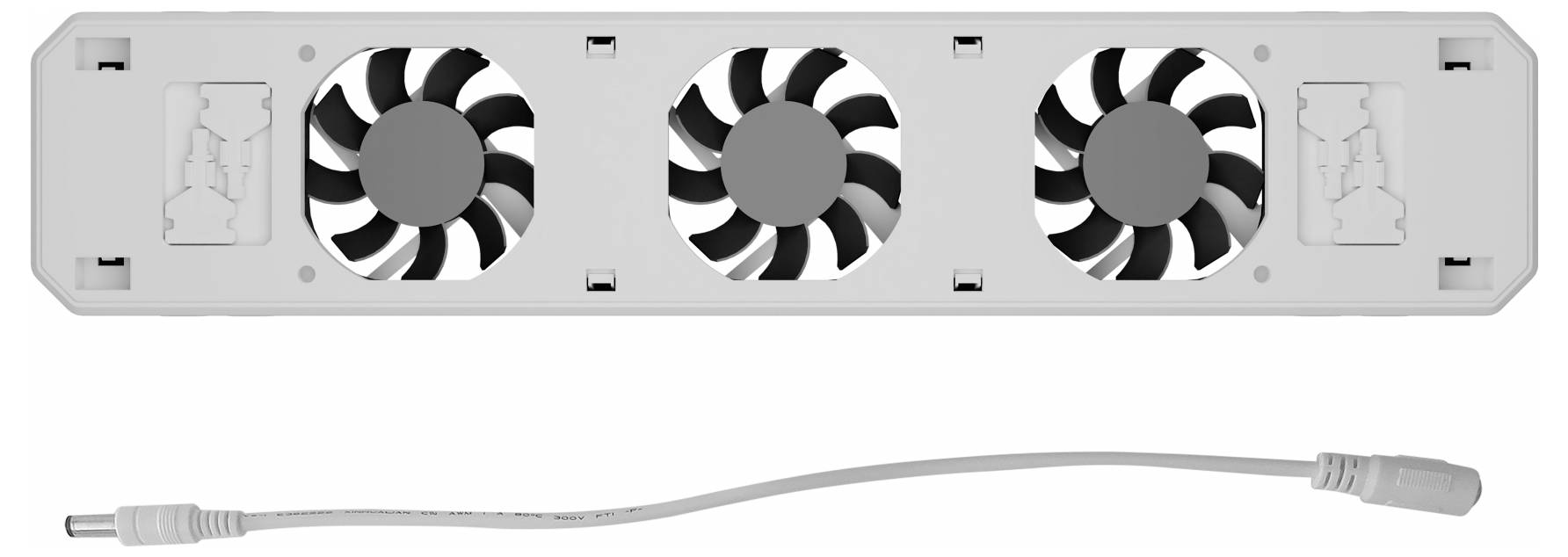 Obdĺžnikový vetrací prvok s tromi čiernymi ventilátormi a odpojiteľným napájacím káblom. Vhodný na chladenie zariadení.