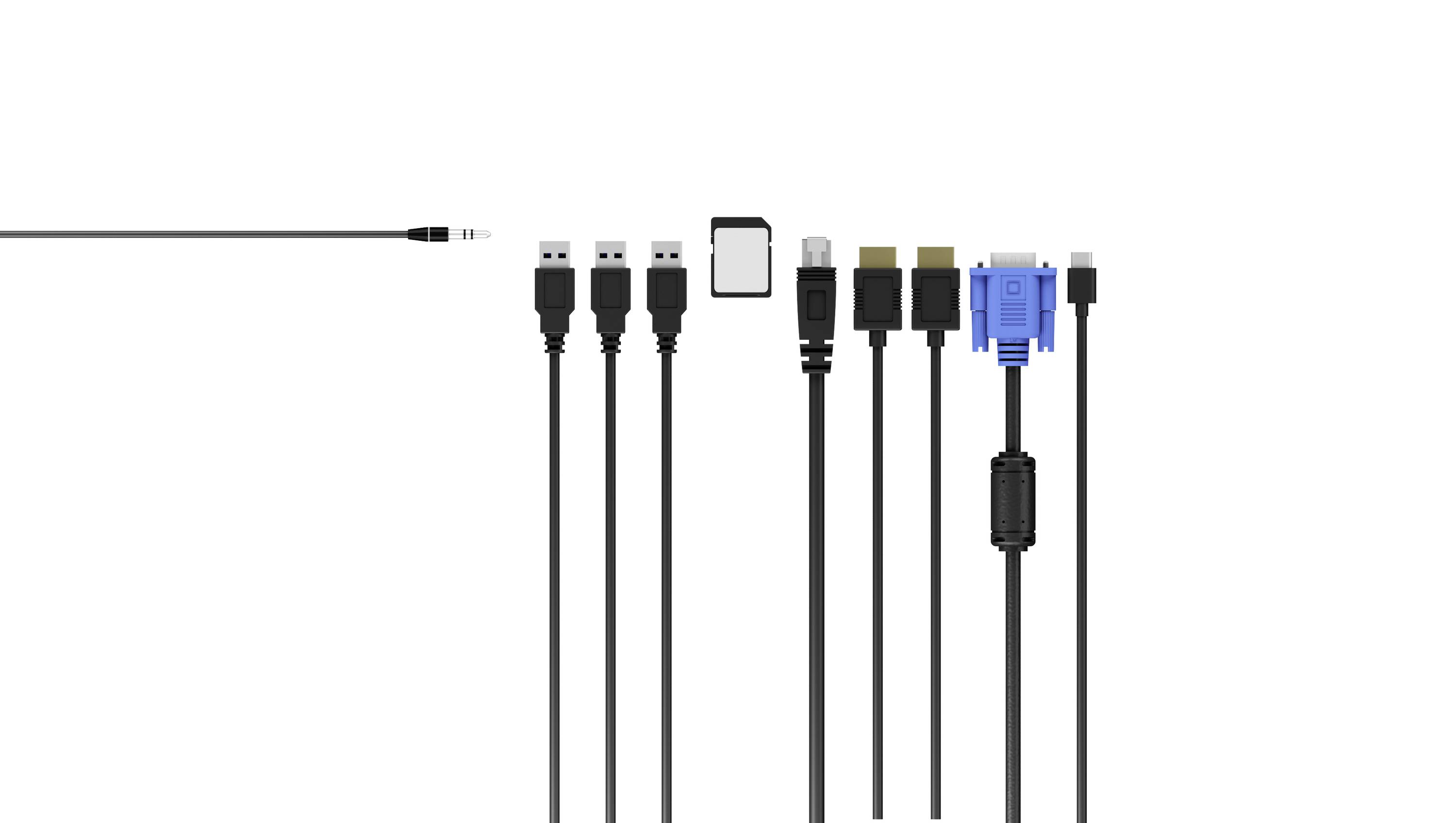 Vedľa seba ležia rôzne typy káblov: 3,5 mm audio, tri USB, microSD karta, Ethernet, HDMI, VGA, USB-C.