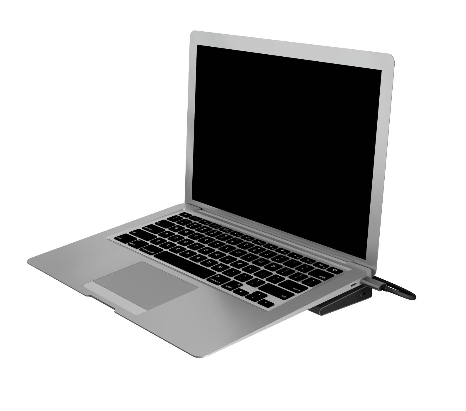 Otvorený notebook s čiernou obrazovkou, pripojený k USB kľúču na pravej strane.