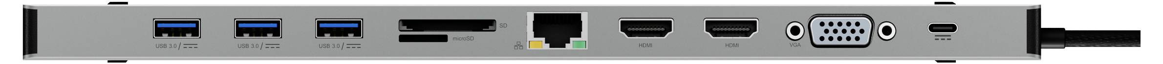 Sivá dokovacia stanica s rôznymi konektormi: tri USB 3.0, čítačka SD kariet, Ethernet, HDMI, VGA, Audio.