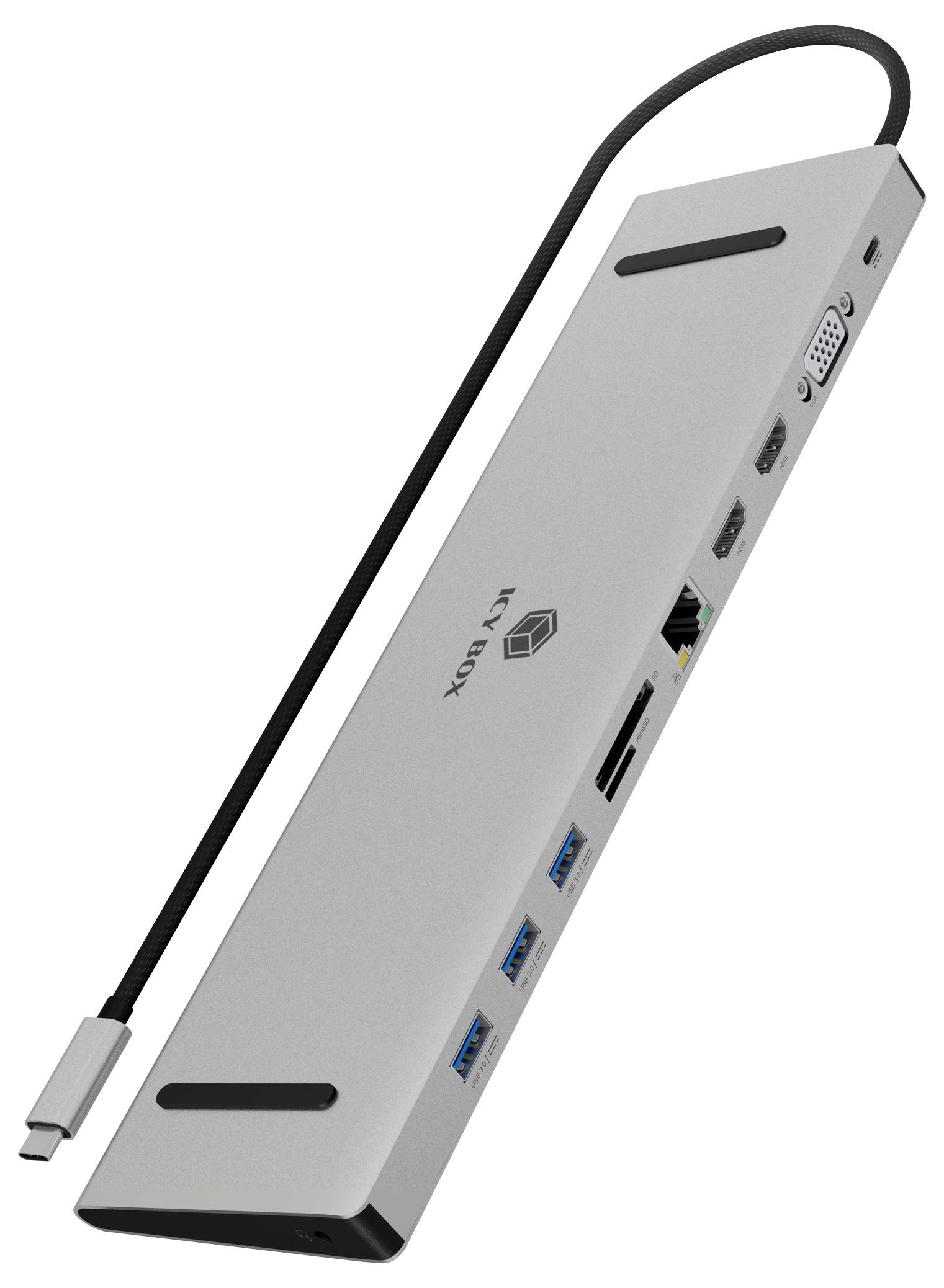 Strieborný USB-C hub s viacerými portami vrátane USB, HDMI a Ethernet. Vhodný pre rozšírené počítačové pripojenie.