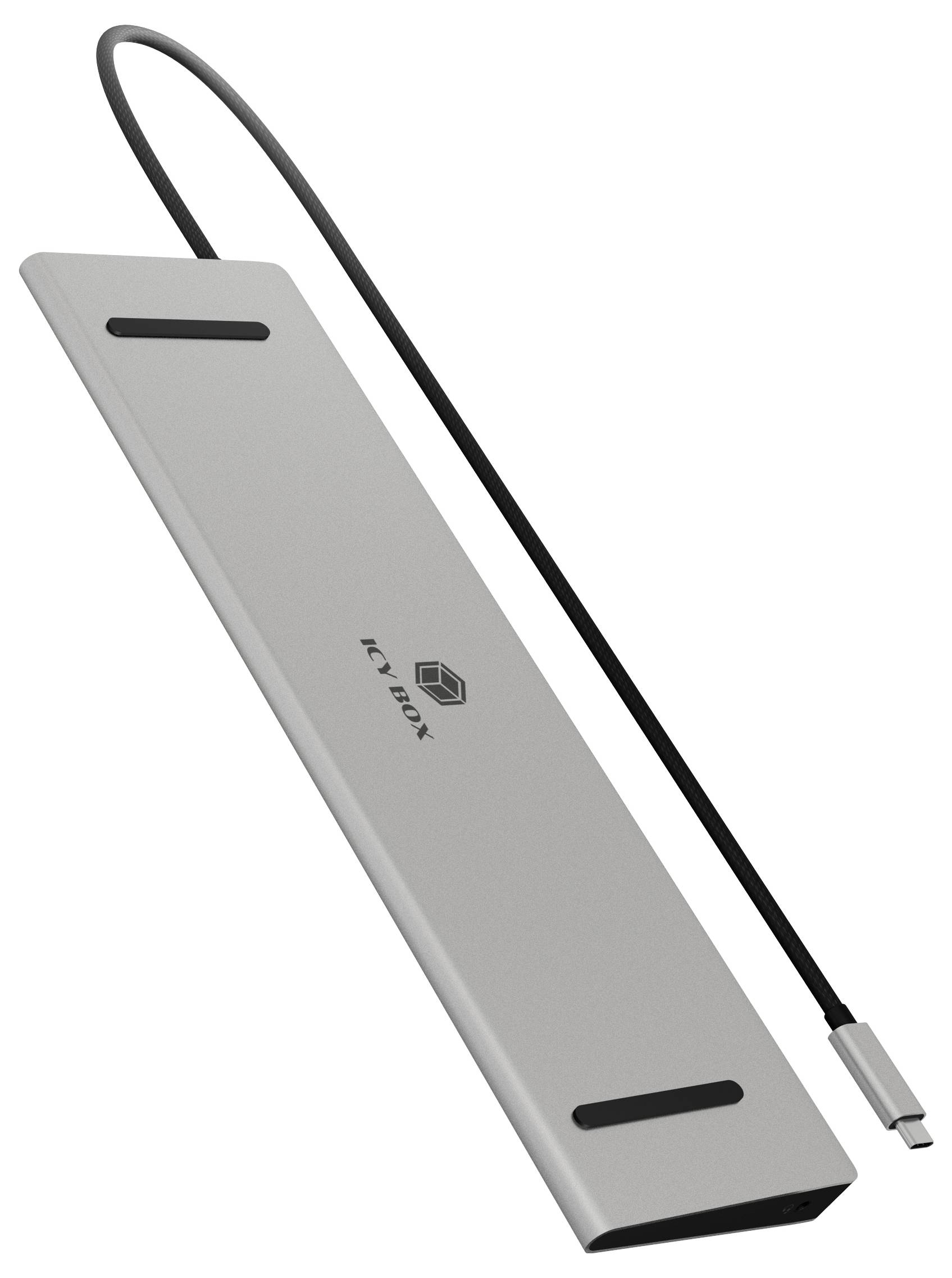 Plochý, strieborný USB-C hub s viacerými portmi a káblom.