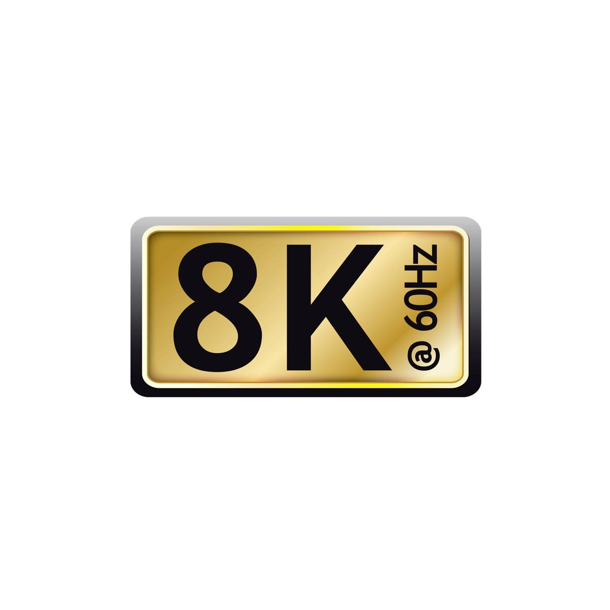 Logo '8K @ 60Hz' na zlatom pozadí, symbolizuje vysoko rozlíšenú displej technológiu so 60-hercovou obnovovacou frekvenciou.