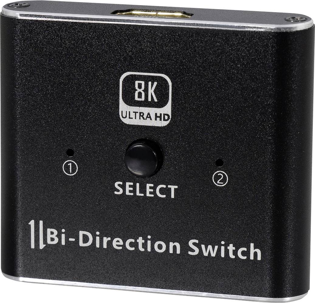 Kompaktný čierny 8K Ultra HD obojsmerný HDMI prepínač s jedným výberovým tlačidlom a dvoma portmi.
