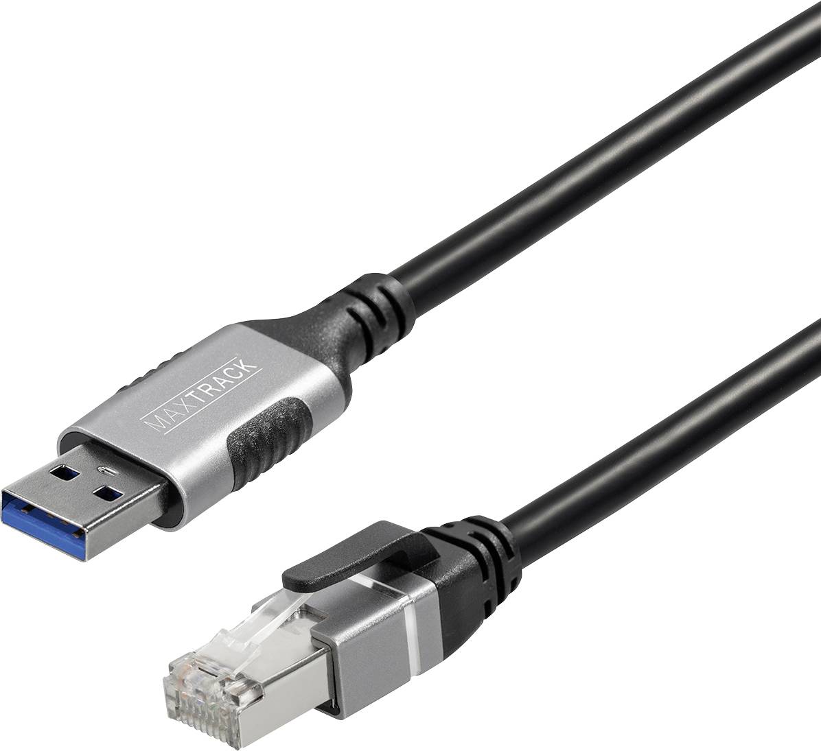 USB kábel Typ A a ethernetový konektor na bielom pozadí, oba konce sú jasne viditeľné.