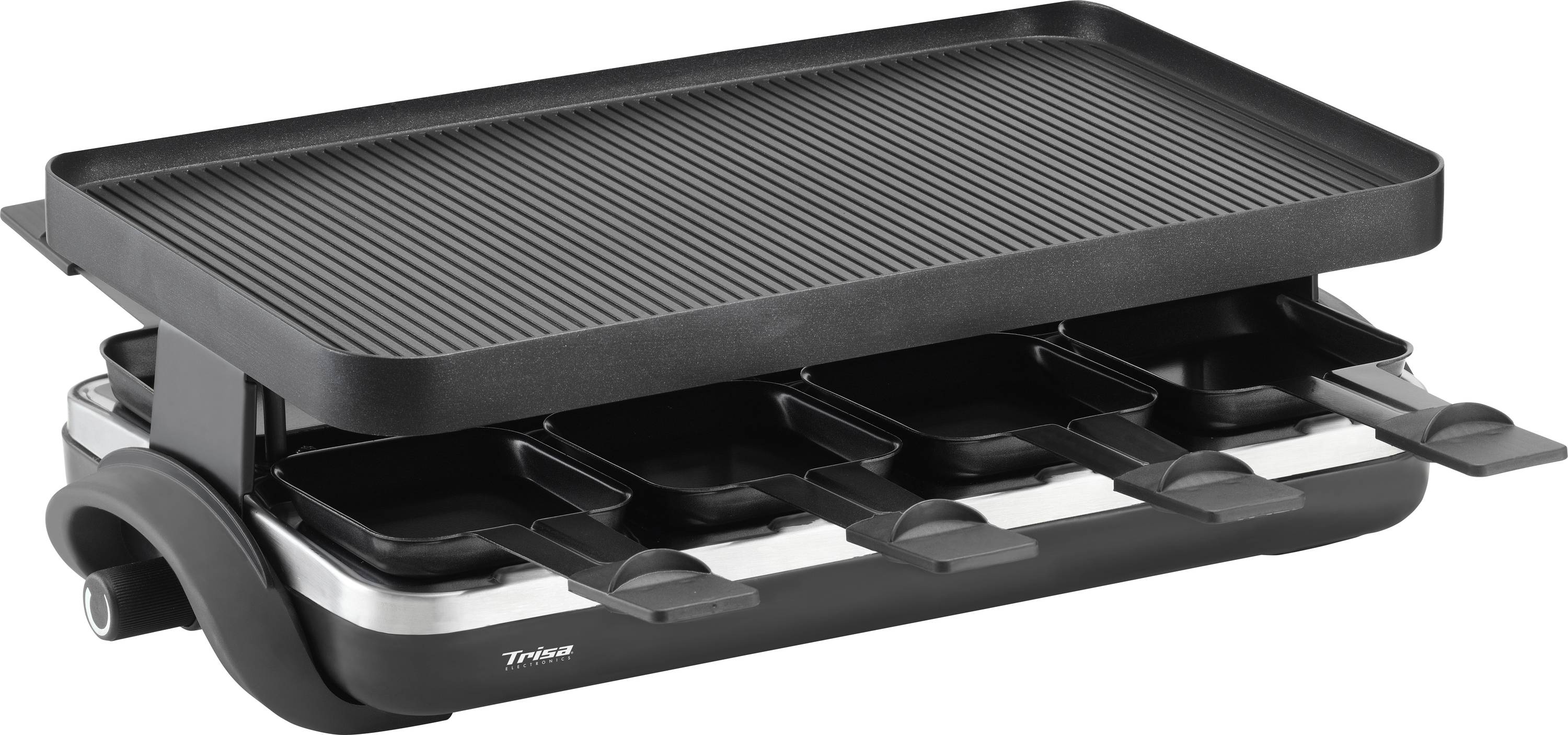 Stolový gril s vrúbkovanou grilovacou plochou a niekoľkými miskami dole, vhodný na raclette alebo grilové večery pre viac osôb.
