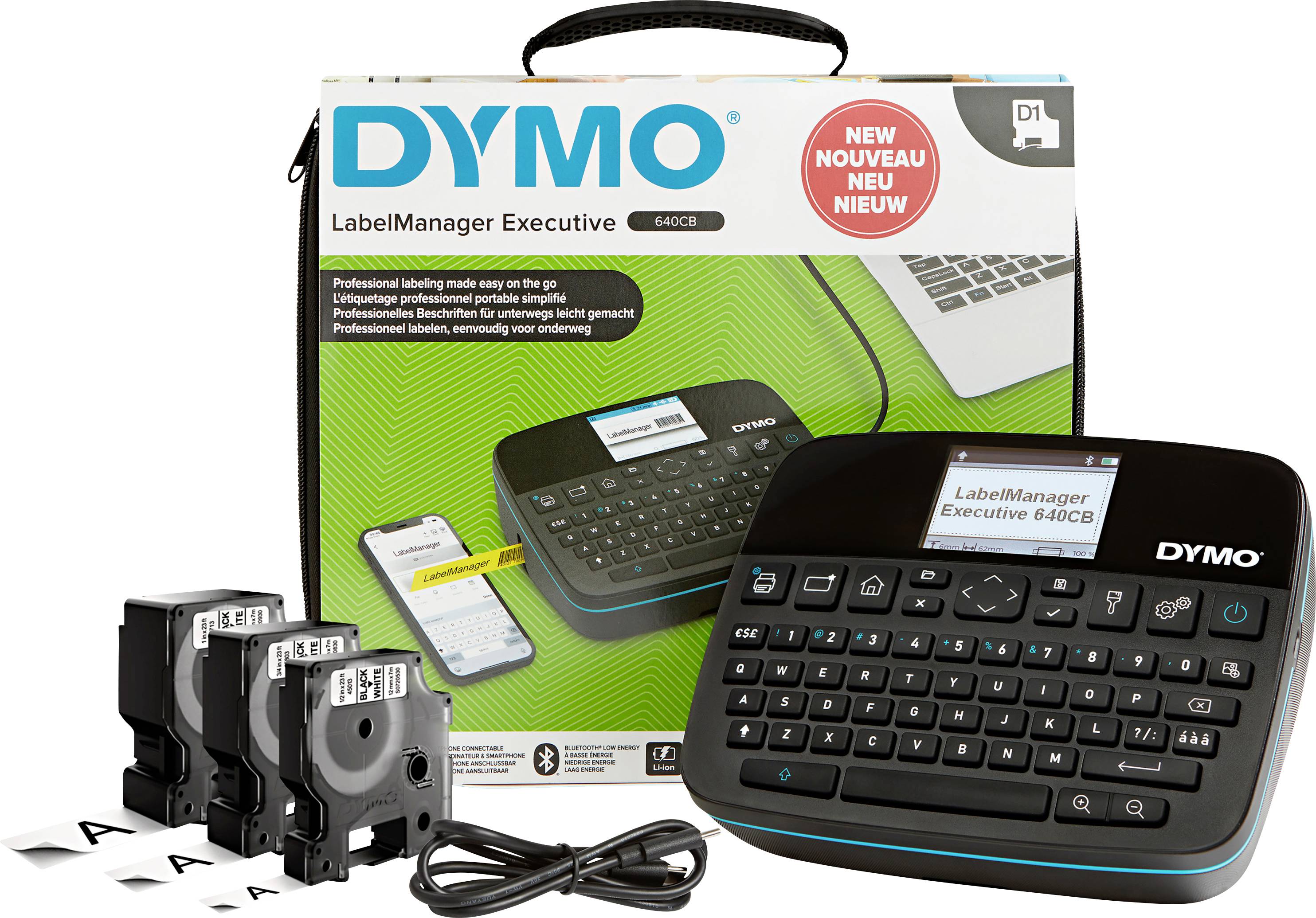 Dymo LabelManager 360D štítkovač s obalom, tromi kazetami a USB káblom. Vhodný pre profesionálne označovanie.
