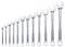 Sada plochých kľúčov v rôznych veľkostiach, usporiadaná od najmenšej po najväčšiu. Každý kľúč zobrazuje svoju veľkosť v milimetroch.