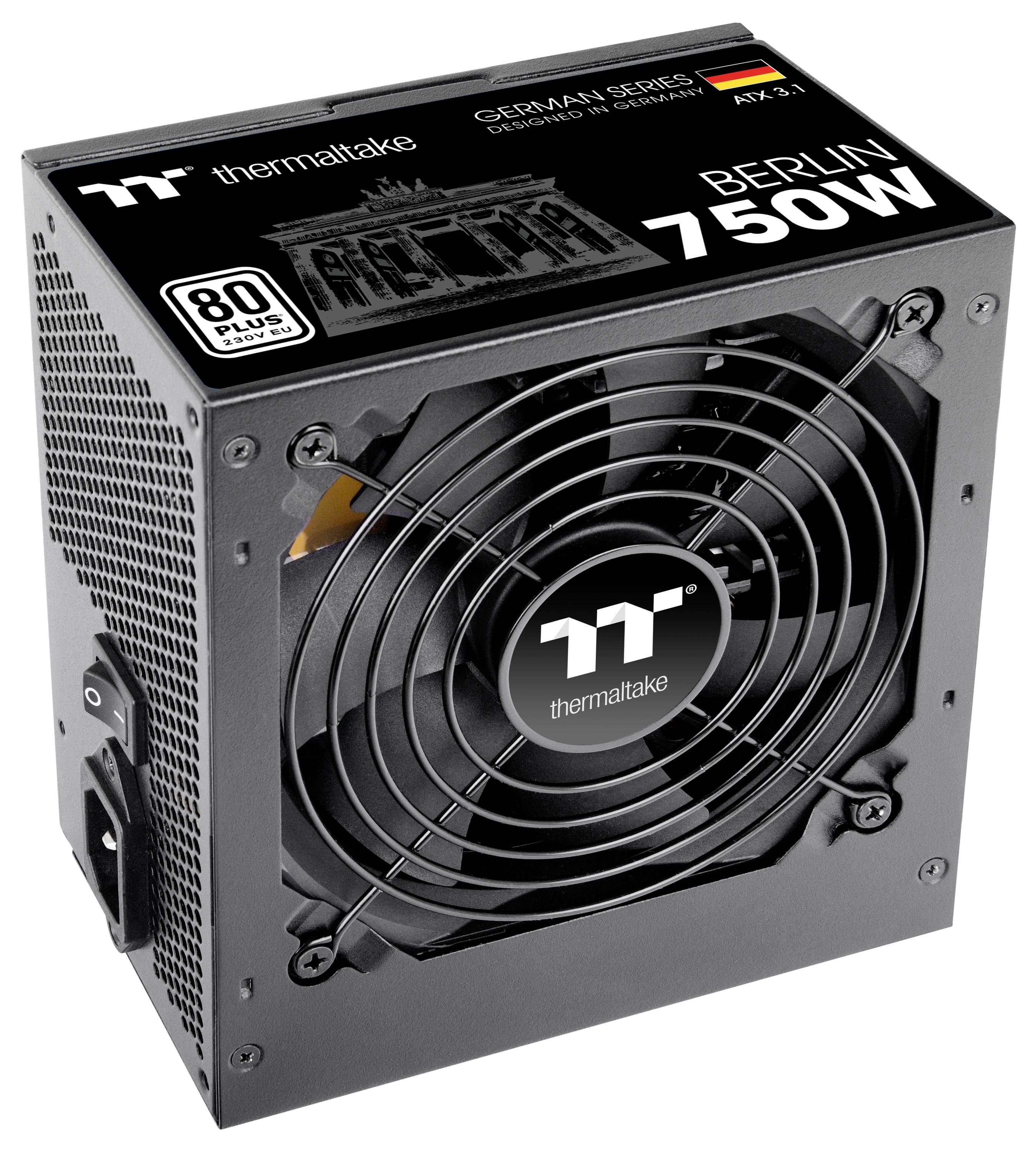 Čierna sieťová napájacia jednotka Thermaltake Berlin 750W, pravouhlého tvaru, s ventilátorom na hornej strane a štítkom so špecifikáciami a logom značky.