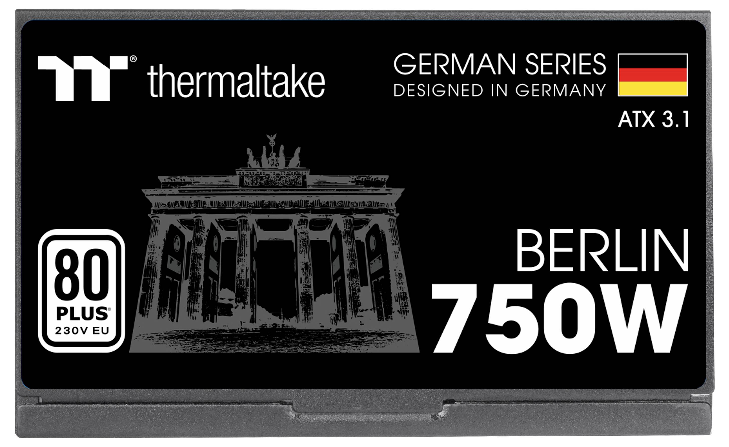 Sieťový zdroj Thermaltake Berlin 750W, nemecká séria, navrhnutý v Nemecku, ATX 3.1, 80 PLUS 230V EÚ. Vyobrazenie Brandenburskej brány.