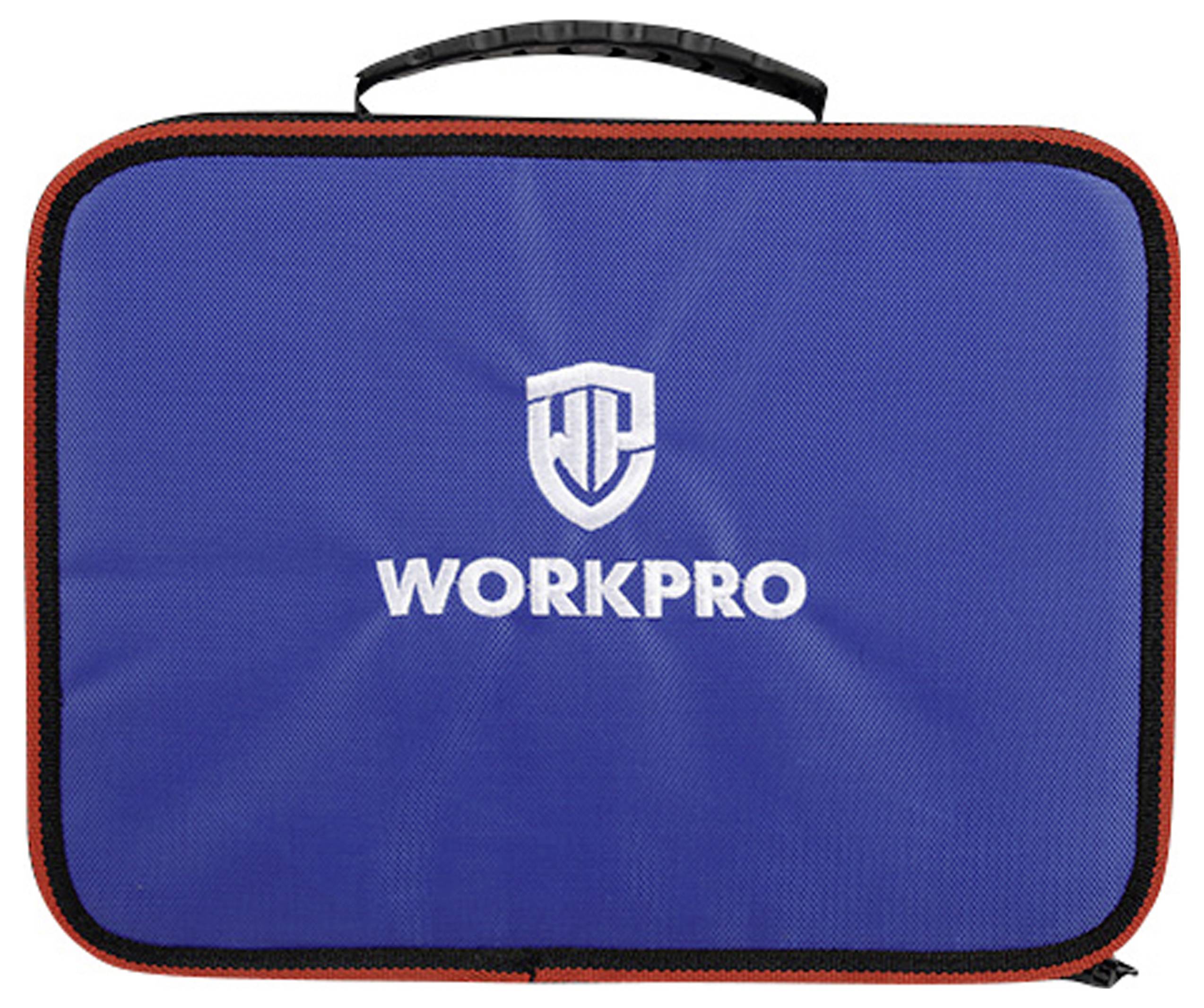 Modrá taška s čiernou rukoväťou, červeným okrajom a bielym logom 'WORKPRO' uprostred.