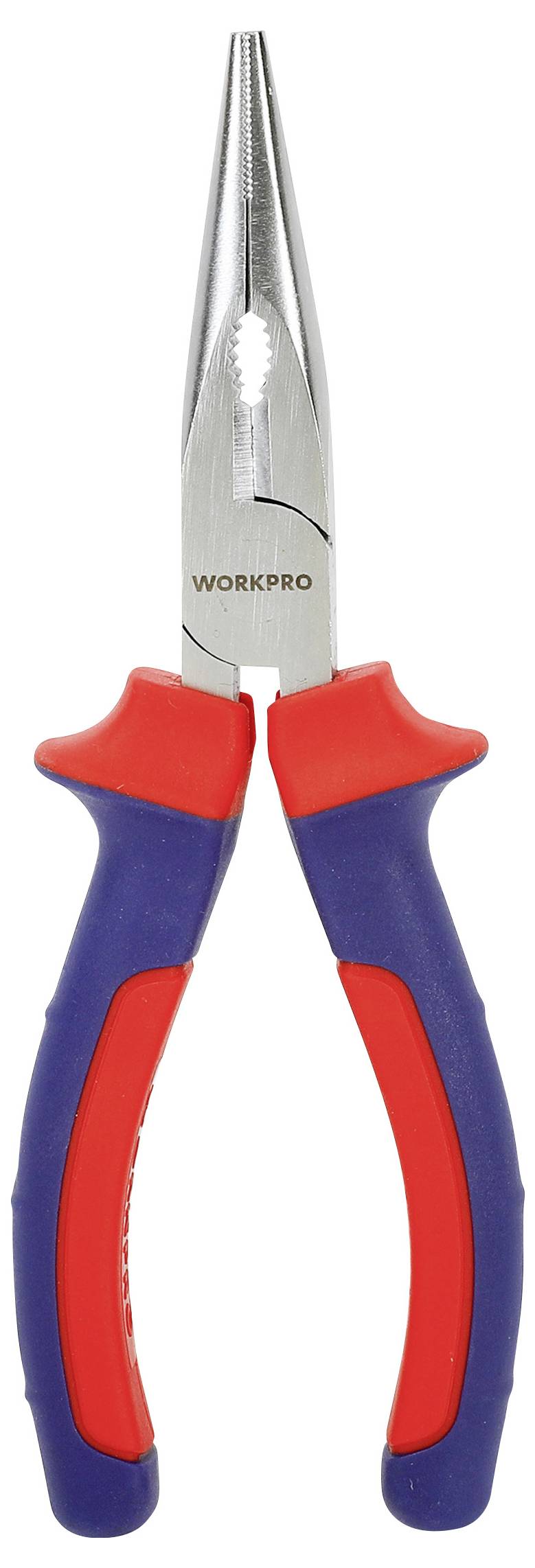 Červené a modré kombinačky s dlhým nosom so strieborným kovovým hrotom, na ktorých je na rukoväti napísané 'WORKPRO', používané na uchopenie a ohýbanie objektov.