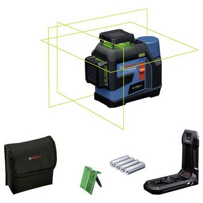 Laserový nivelačný prístroj Bosch postavený, zobrazuje zelené 360° línie. Súčasťou balenia je puzdro, zelená cieľová tabuľa, batérie a držiak. Ideálny pre presné merania.