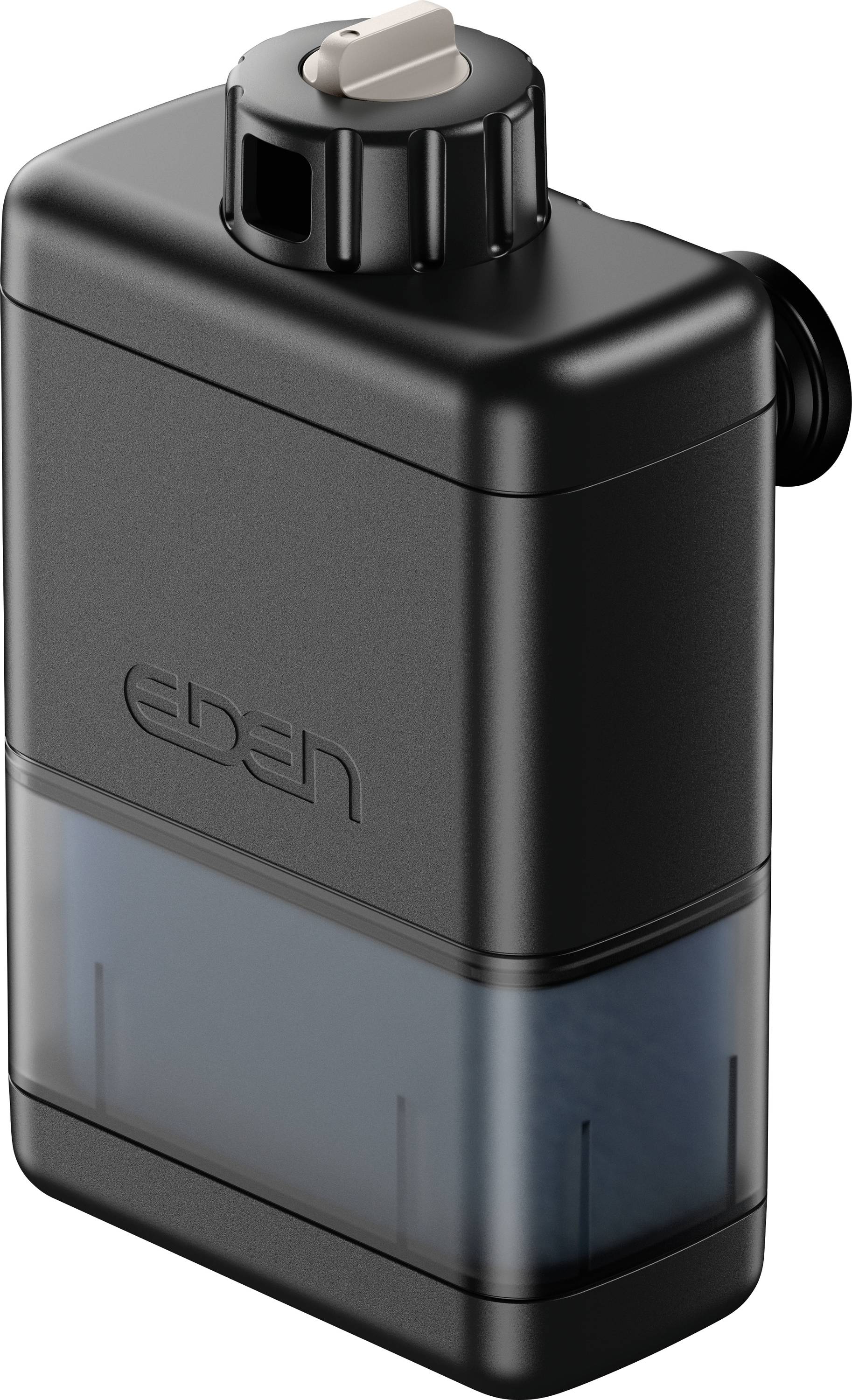 Čierny pravouhlý zvlhčovač so viditeľnou nádržou na vodu v spodnej časti, s nápisom 'eden' vpredu. Má veko s horným otvorom.