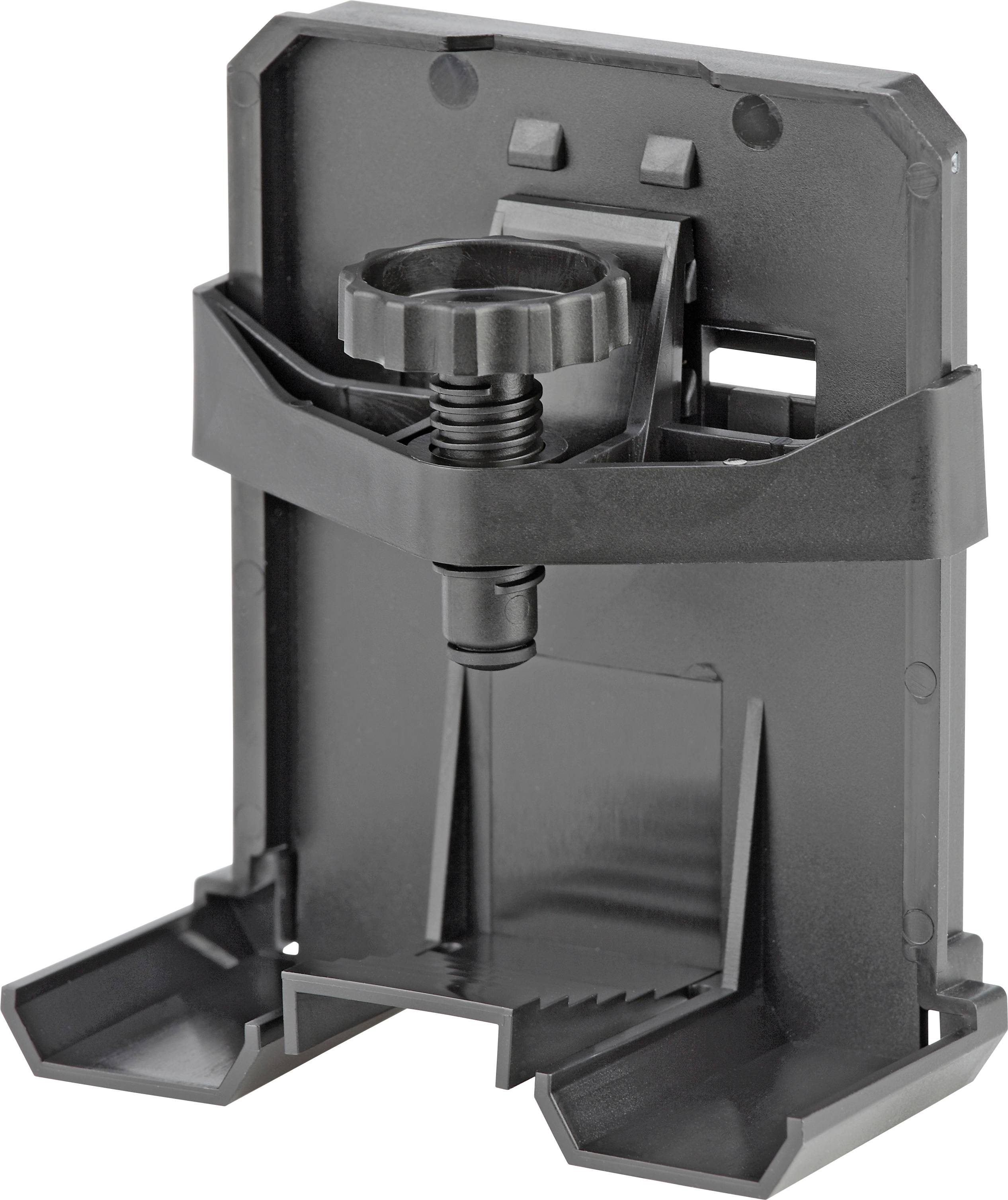 Čierna nastaviteľná plastová podpera s kruhovým gombíkom na upevnenie a podporu objektu, navrhnutá pre stabilitu a ľahké nastavenie.