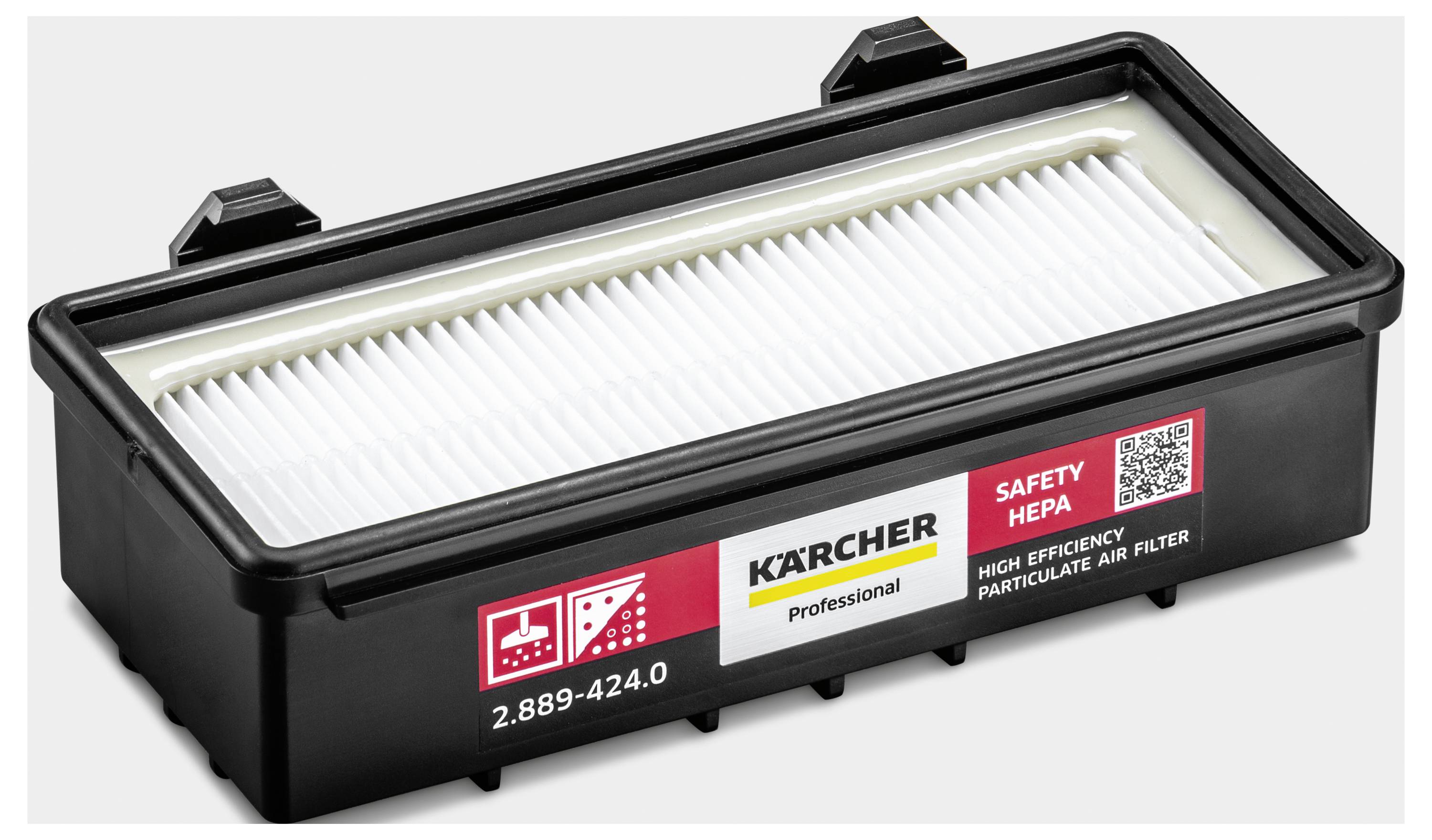 HEPA filter od Kärchera, obdĺžnikový, s etiketou 'SAFETY HEPA High Efficiency Particulate Air Filter', čierne lemovanie.