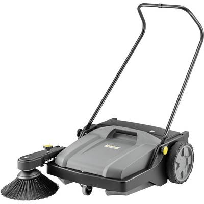 Ručný zametací stroj s čierno-sivým dizajnom, ergonomickou rukoväťou a bočnou okrúhlou kefou pre efektívne čistenie podláh.