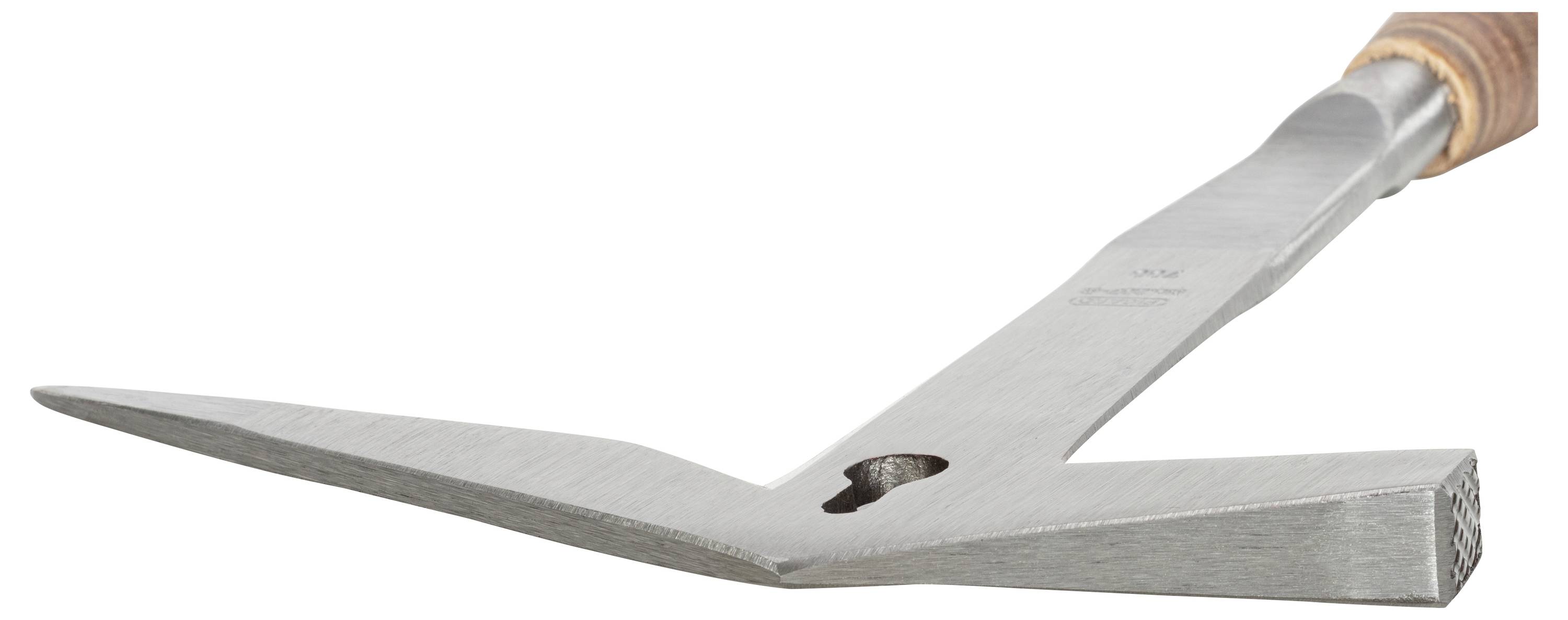 Strieborný ľadový čakan so špicatým koncom a otvorom na upevnenie. Rukoväť je v drevo-hnedej farbe a ergonomicky tvarovaná.