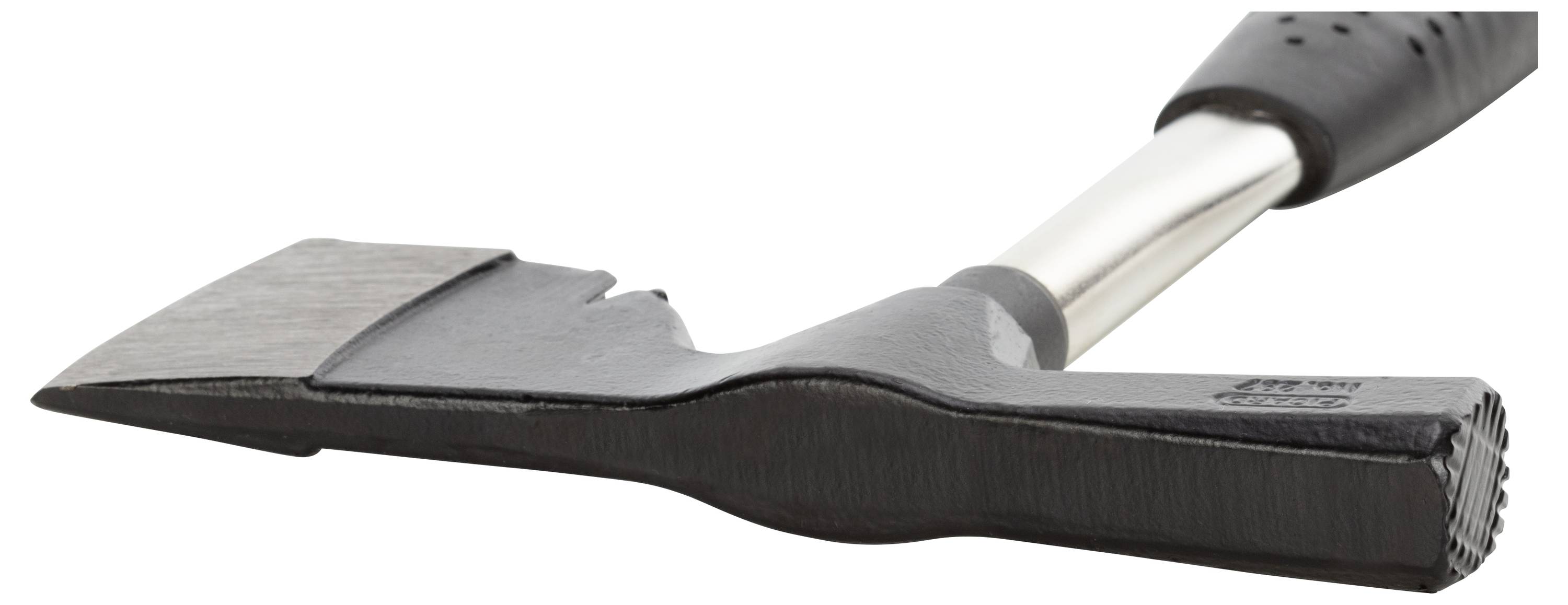 Ručný nástroj alebo sekáč s čiernou železnou hlavou a ergonomickou rukoväťou, vhodný na presné škrabanie alebo sekanie.