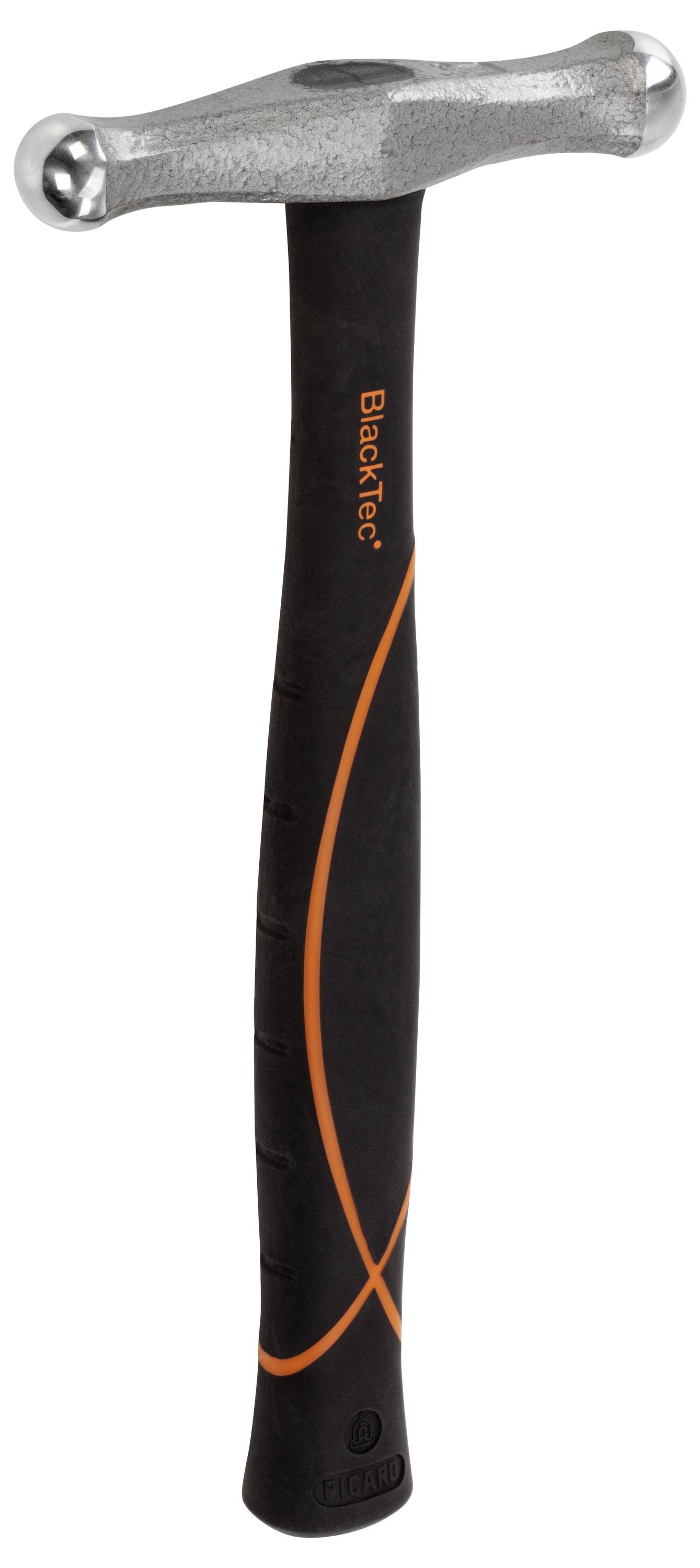 Čierny kladiva s oranžovými líniami, ergonomickou rukoväťou a striebornou hlavou. Logo 'BlackTec' je vytlačené na rukoväti.