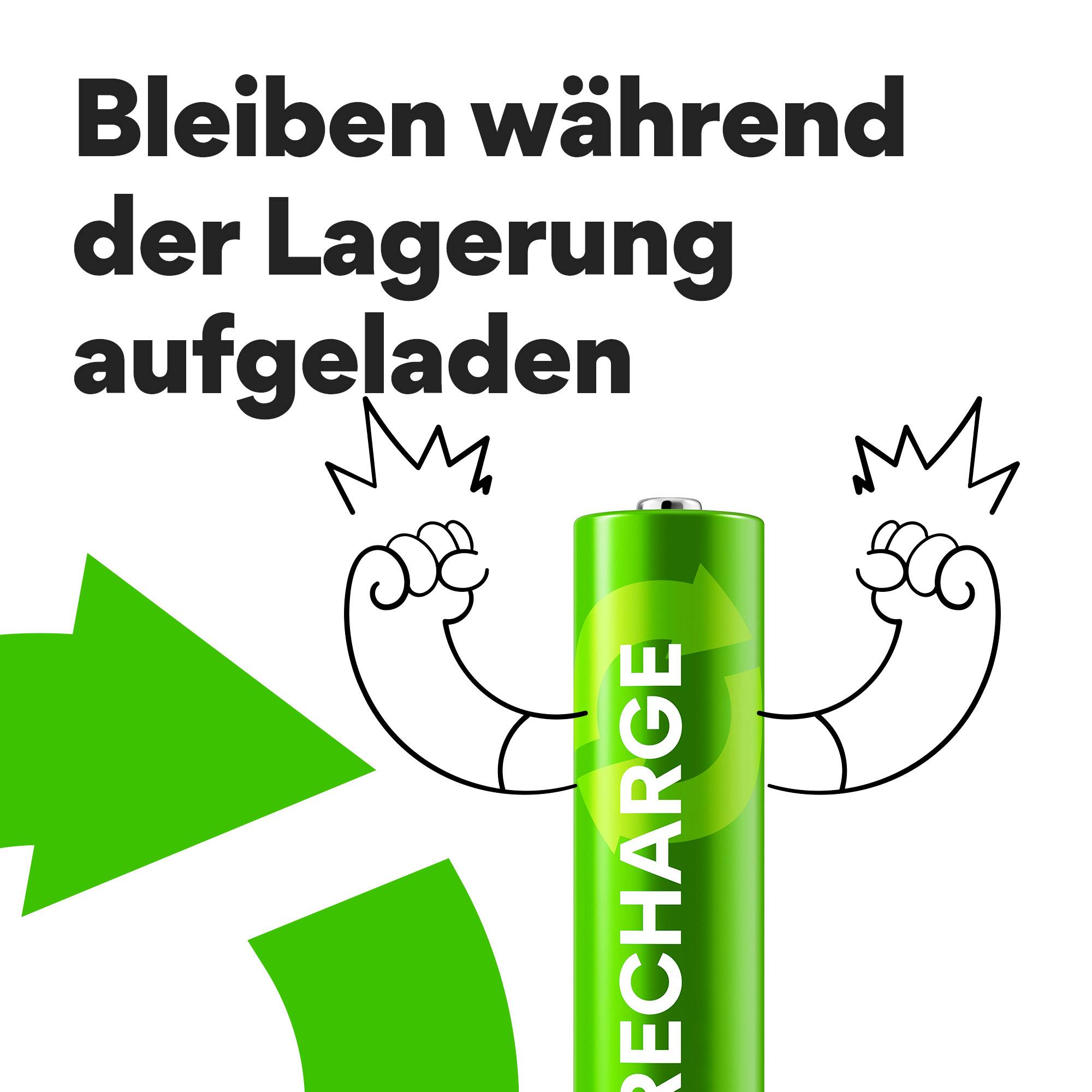 Batéria s komiksovými pažami zdvíha päste, vedľa je symbol recyklácie. Text: 'Zostávajú nabité počas uskladnenia'.