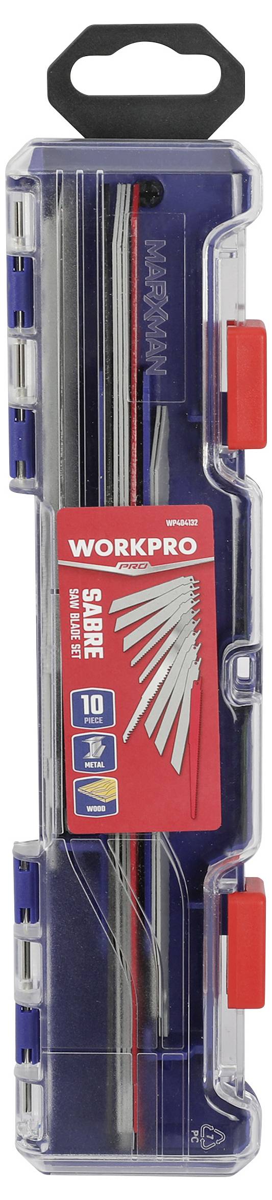 Súprava 10-kusových pilových listov Workpro v priehľadnom plastovom obale s červeným a modrým detailom, ktorá obsahuje viaceré typy pilových listov na rôzne použitia.
