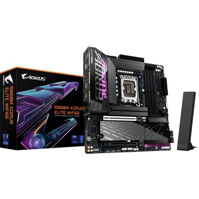 Základná doska 'AORUS B660M AORUS ELITE AX' s podporou WiFi 6E, zobrazená so škatuľou a funkciami zdôrazňujúcimi jej konektivitu a herné schopnosti.
