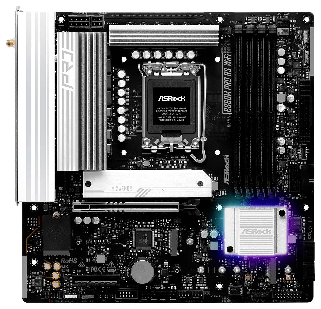 Počítačová základná doska od ASRock s viacerými slotmi a komponentmi, vrátane slotov pre RAM, socketu pre CPU a chladiaceho systému.