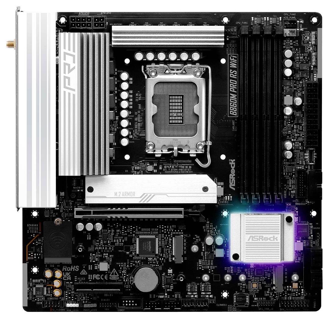 Pohľad zhora na čiernu základnú dosku ASRock B660M PG Riptide, ktorá obsahuje rôzne sloty pre procesor, RAM a úložisko, s označenými komponentmi.