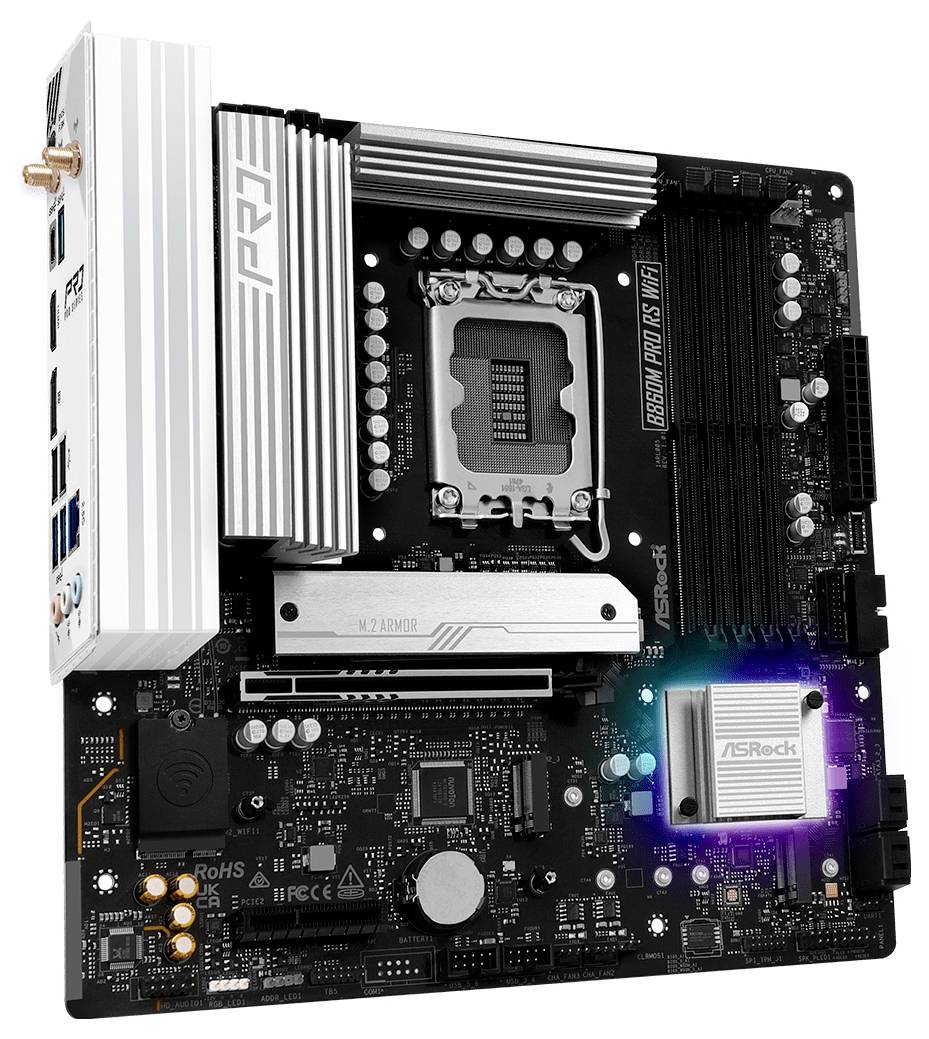 Počítačová základná doska s viacerými slotmi, portami a viditelnými komponentmi, na ktorej je viditeľné logo ASRock a označenie Cezar na kovovom chladiči.