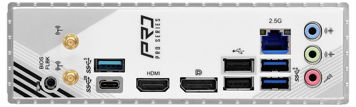 Zadný panel základnej dosky zobrazujúci rôzne porty: USB, HDMI, DisplayPort, Ethernet, audio konektory a konektory antén Wi-Fi.