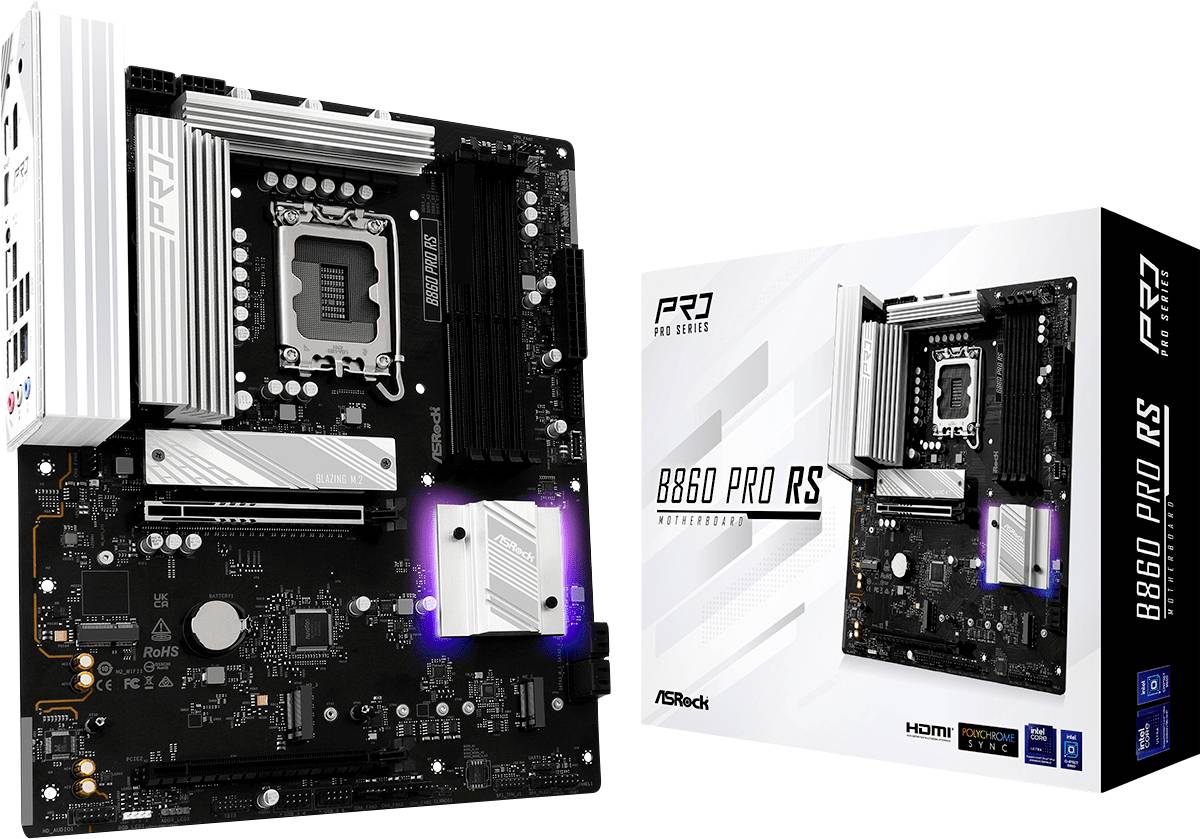 Základná doska ASRock B660 Pro RS umiestnená vedľa svojej originálnej škatule. Doska má niekoľko portov a slotov v strieborno-čiernom dizajne.