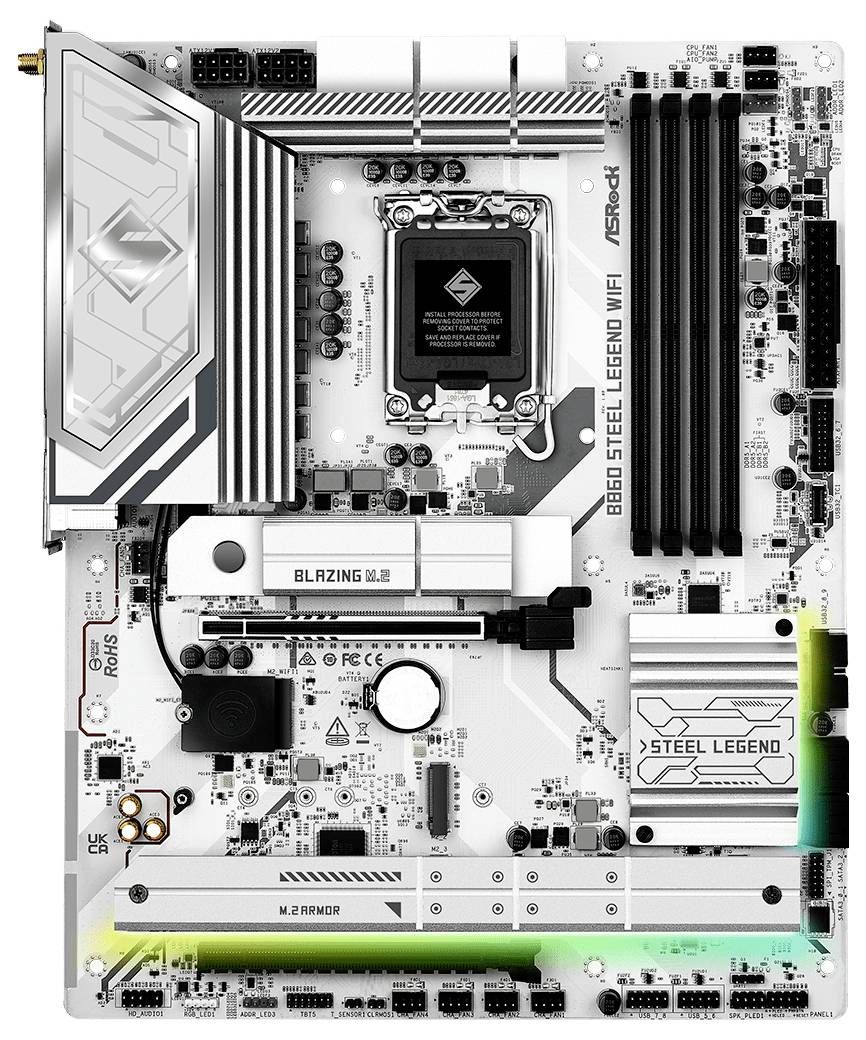 Počítačová základná doska s priestorom pre pamäte a procesory, s označením značiek 'ASRock' a 'Steel Legend'.